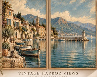 Vintage Mediterranean Harbor Diptych, Coastal Landscape Prints (Digital Download)