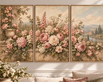 Antique Garden Florals Triptych, Dusty Pink Botanical Prints (Digital Download)