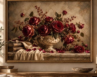 Vintage Burgundy Rose Still Life Print, Old World Floral Art (Digital Download)