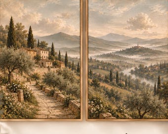 Misty Tuscan Landscape Diptych, Neutral European Countryside Art (Digital Download)