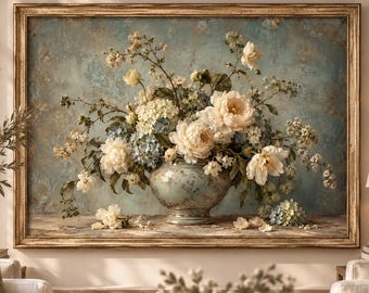 Antique Floral Still Life Print, Celadon Vessel, Old World Botanical (Digital Download)