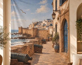 Essaouira Seaside Walkway Indoor Wall Tapestry | Atlantic Coastal Harbor Scene