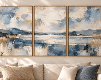 Muted Blue Abstract Landscape Triptych, Textured Wall Art Set (Digital Download)
