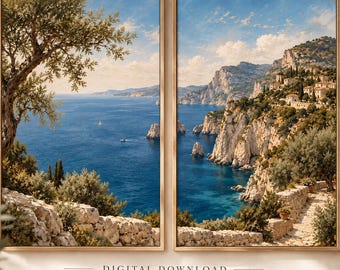 Mediterranean Coastal Landscape Diptych, Italian Cliffside Village Art (Digital Download)