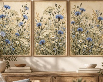 Vintage Blue Wildflower Meadow Set, Antique Watercolor Botanical Prints (Digital Download)
