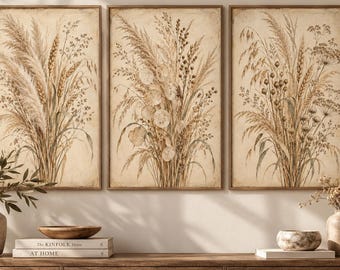 Antique Dried Meadow Grass Prints Set, Neutral Botanical Wall Art (Digital Download)