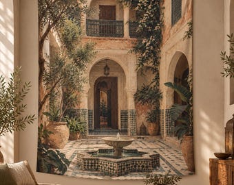 Moroccan Courtyard Fountain Indoor Wall Tapestry | Vintage Moroccan Riad Decor