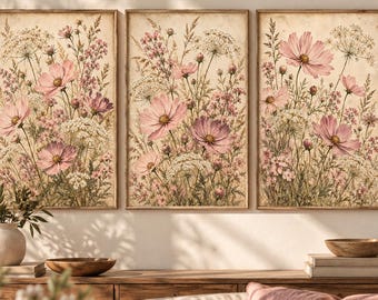 Vintage Blush Wildflower Meadow Prints, Cottagecore Botanical Wall Art Set (Digital Download)