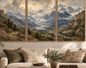 Vintage European Mountain Triptych, Moody Alpine Landscape Print (Digital Download)