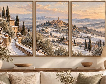 Snowy Tuscan Landscape Print Set, Winter Italy Villa Art (Digital Download)
