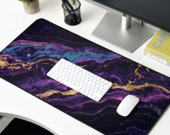 Purple Gold Marble Desk Mat | Galaxy Fluid Abstract Mouse Pad