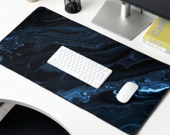 Blue Marble Swirl Desk Mat | Dark Abstract Desk Pad
