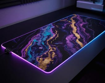 Purple Gold Marble LED Gaming Mouse Pad | RGB Desk Mat
