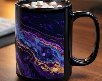 Purple Blue Gold Marble Mug | Black Ceramic Coffee Cup