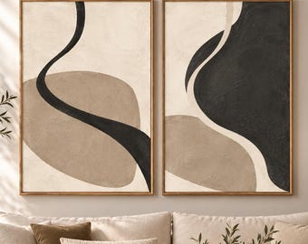 Neutral Abstract Line Art Diptych, Charcoal Taupe Prints (Digital Download)