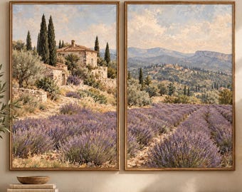 Provence Lavender Fields Diptych, French Countryside Landscape Prints (Digital Download)