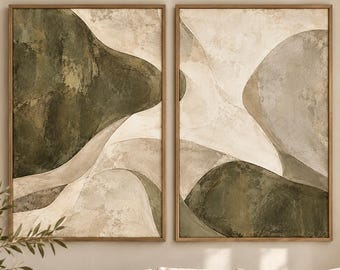 Olive Green Abstract Diptych, Neutral Organic Prints, Wabi Sabi Decor (Digital Download)