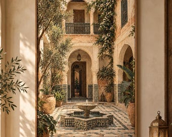 Vintage Moroccan Riad Courtyard Print, Zellige Tilework, Antique Marrakech Art (Digital Download)