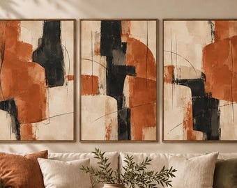 Terracotta Abstract Wall Art Set, Black Beige Mid-Century Prints (Digital Download)