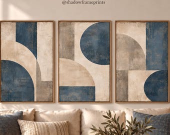 Dusty Blue Geometric Wall Art Set, Mid-Century Modern Abstract Prints (Digital Download)