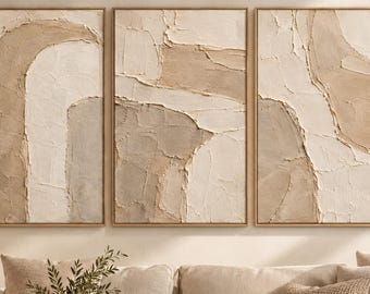 Textured Minimalist Abstract Wall Art Set, Beige Plaster Prints (Digital Download)