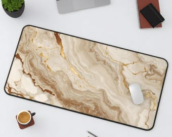 Gold Marble Swirl Desk Mat | Neutral Beige Brown Resin Effect