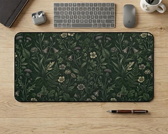 Dark Green Botanical Floral Desk Mat | Woodland Leaves Pattern