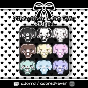 May include: A collection of nine pixel art bunny badges in various colors, including black, white, brown, yellow, pink, mint green, light blue, and purple. The badges are arranged on a black background with the text "Subscriber & Bit Tier Badges".