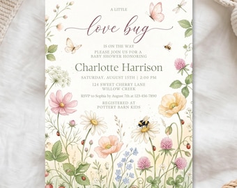 Einladung zur Babyparty mit Schmetterlingen | Aquarell-Garten, Wildblumen, Schmetterlinge, Bienen (Digitaler Download)