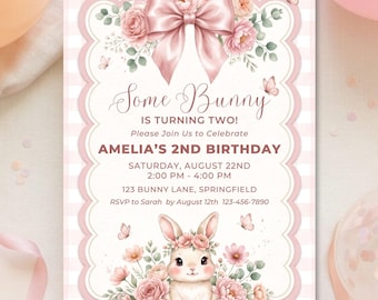 Ein Häschen wird zwei Jahre alt | Einladung zum 2. Geburtstag mit rosa Aquarellblumen | Bearbeitbare Vorlage für eine Mädchenparty