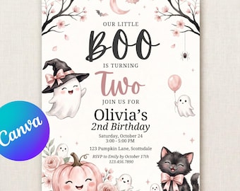 Geburtstagseinladung für unsere kleine Boo | Unsere kleine Boo wird zwei Jahre alt | Rosa Geister-Halloween-Einladung | Canva-Vorlage für den 2. Geburtstag eines Mädchens