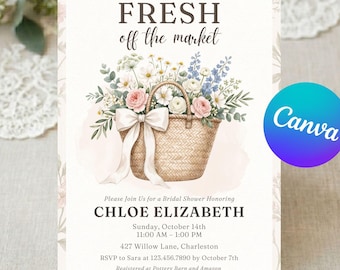 Einladung zum Junggesellinnenabschied „Frisch vom Markt“ | Einladung zum Junggesellinnenabschied mit Aquarellblumen | Bearbeitbare Druckvorlage | Cottagecore