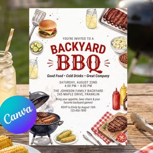 Op de afbeelding: Een rechthoekige uitnodigingskaart voor een barbecue met aquarelillustraties van een burger, ribbetjes, maïs, een grill en kruiden. De tekst luidt: You're invited to a backyard BBQ, Good Food, Cold Drinks, Great Company, Saturday, August 22nd, 4:00 PM - 8:00 PM, The Johnson Family Backyard, 245 Maple Drive, Franklin, Bring your appetite, lawn chairs & your favorite backyard games, RSVP to Emily by August 16th, 123-456-7890.