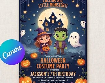 Einladung zur Halloween-Kostümparty | Bearbeitbare Canva-Vorlage | Gruselige Kinderfeier | Süßes oder Saures | Geburtstag im Oktober
