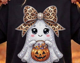 Niedlicher Strassgeist (PNG) | Halloween-Geist-Sublimationsdesign | Geist mit Leopardenschleife | Halloween-Shirt (PNG) | Digitaler Download
