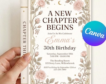 Einladungsvorlage zum 30. Geburtstag für Bücherliebhaber | Einladung zum Beginn eines neuen Kapitels | Bearbeitbare Canva-Einladung zum Buchgeburtstag | Romantische Party