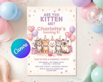 „Are You Kitten Me?“ Geburtstagseinladung | Einladung zur Kätzchenparty | Katzengeburtstagseinladung | Bearbeitbare Canva-Vorlage | Geburtstagseinladung für Mädchen