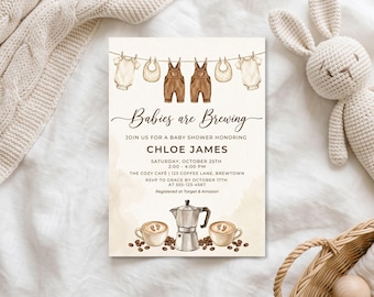 Einladungsvorlage für eine Babyparty für Zwillinge | Babyparty-Einladung „Babys Are Brewing Coffee“ | Geschlechtsneutrale, bearbeitbare Canva-Vorlage für eine Babyparty für Zwillinge