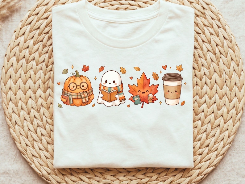 May include: A white t-shirt featuring a graphic print of four cute autumn-themed characters in a row: a pumpkin wearing glasses and a scarf, a ghost reading a book, a maple leaf holding a small cup, and a disposable coffee cup with a face.