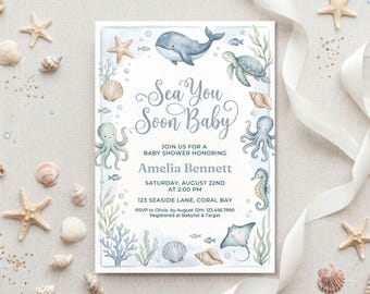 Sea You Soon Baby Shower Invite | Ocean Theme Baby Shower Invitation | Coastal Seashell Editable Template