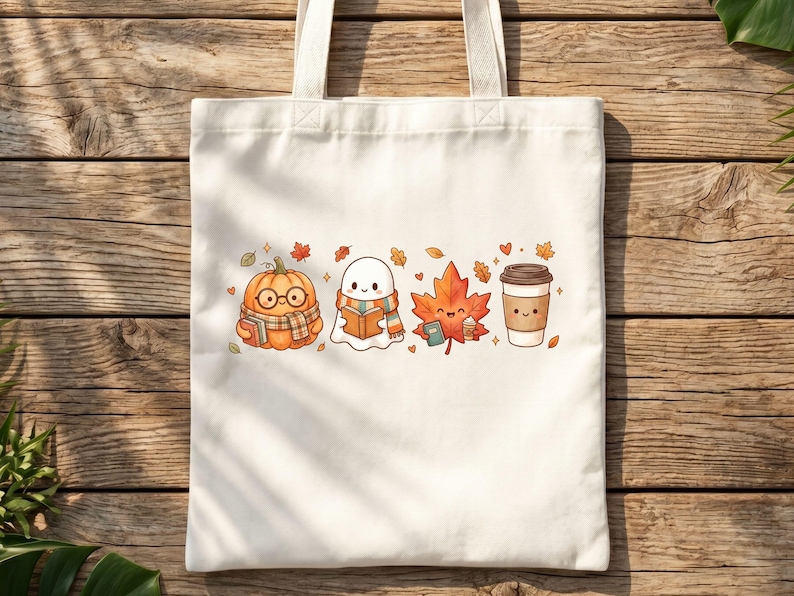 May include: A cream-colored canvas tote bag featuring a central graphic print of a smiling pumpkin wearing glasses and a scarf, a ghost reading a book, an orange maple leaf, and a coffee cup, all surrounded by small autumn leaves and hearts.
