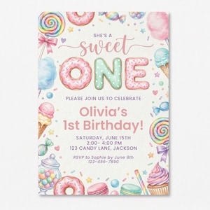 May include: A rectangular birthday invitation card featuring watercolor illustrations of donuts, lollipops, cotton candy, and cupcakes. The text reads: She's a sweet ONE, Olivia's 1st Birthday, Saturday, June 15th, 2:00-4:00 PM, 123 Candy Lane, Jackson, RSVP to Sophie by June 6th 123-456-7890.