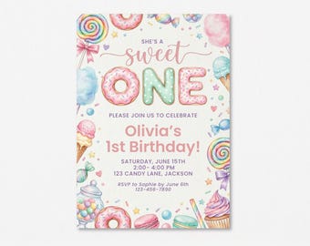 She's a Sweet One Birthday Invitation Template | Sweet One Invite | Candy Birthday Party | Pastel Watercolor First Birthday
