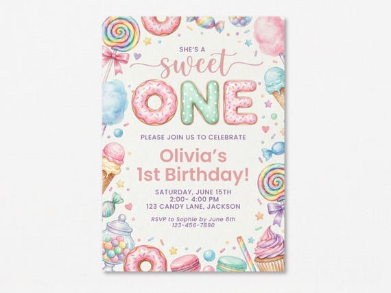 She's a Sweet One Birthday Invitation Template | Sweet One Invite | Candy Birthday Party | Pastel Watercolor First Birthday