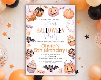 Süße Halloween-Geburtstagseinladung | Bearbeitbare Canva-Vorlage | Kinderkostümfeier | Pastellkürbis-Thema