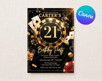 Kasino Nacht Geburtstagseinladung Vorlage | Poker Party einladen | 21. Geburtstag einladen | Bearbeitbare Canva Einladung