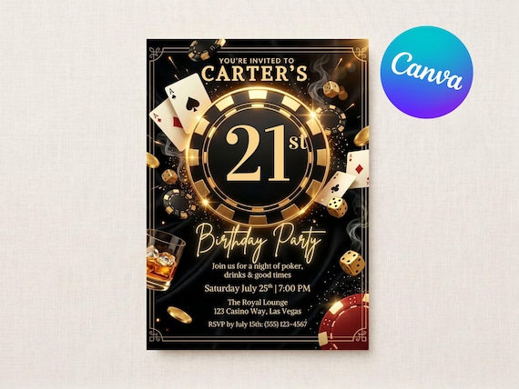 Casino Night Birthday Invitation Template | Poker Party Invite | 21st Birthday Invite | Editable Canva Invitation
