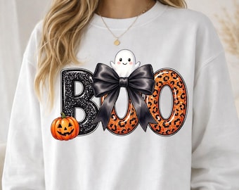 Halloween Boo PNG | Glitzernde Geisterschleife | Halloween-Shirt mit Leopardenmuster PNG | Gruselig-süßes Sublimationsdesign