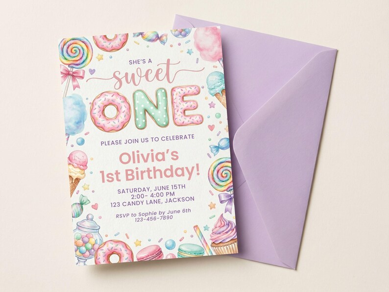 May include: A rectangular birthday invitation card with a light purple envelope. The card features watercolor illustrations of donuts, lollipops, ice cream, and candy with the text: SHE'S A sweet ONE, PLEASE JOIN US TO CELEBRATE, Olivia's 1st Birthday!