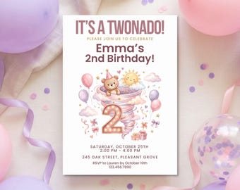 Twonado-Einladung zum 2. Geburtstag für Mädchen | Twonado-Geburtstagseinladung | Pinke Tornado-Party | Bearbeitbare Canva-Vorlage